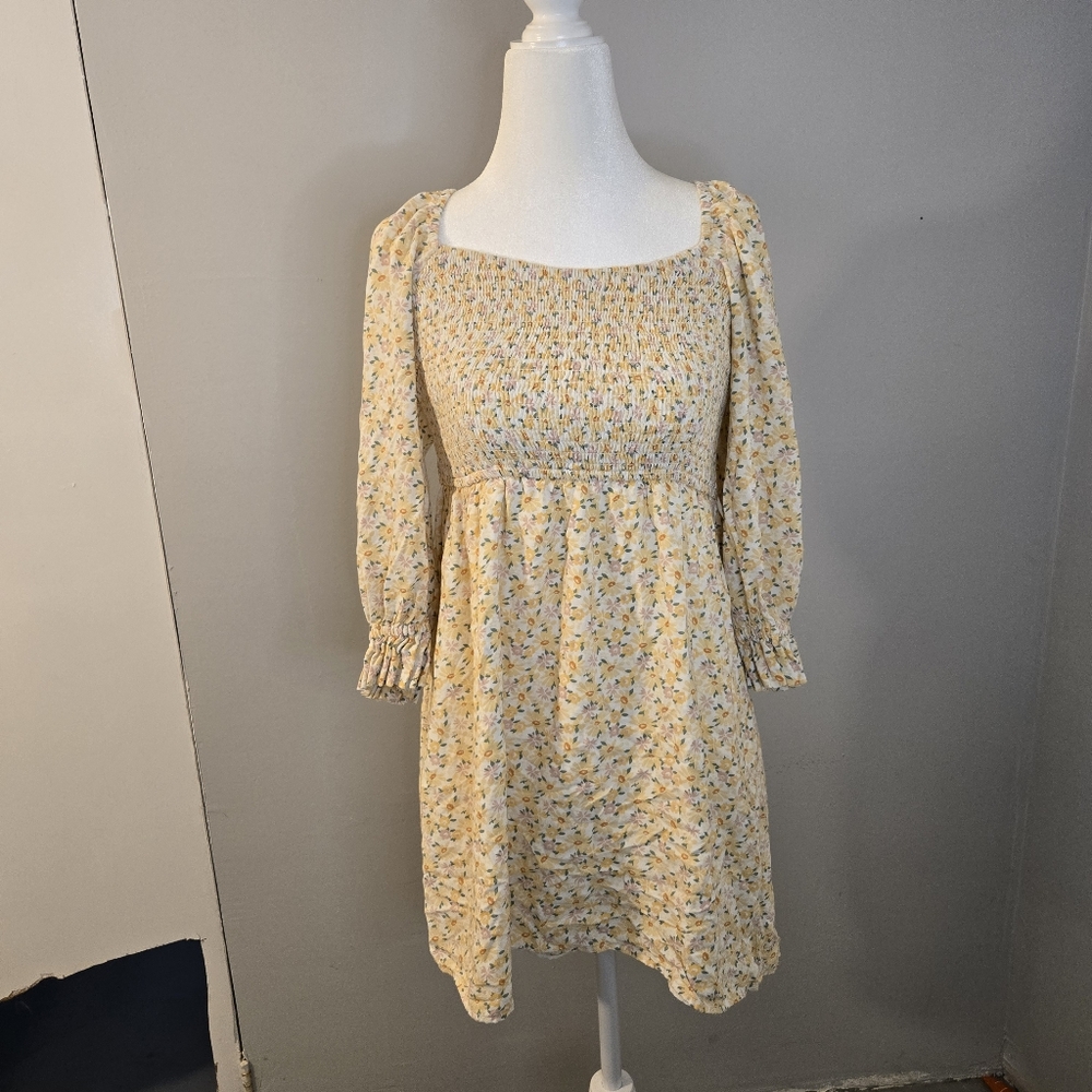 Y2K Hollister Spring Floral Smocked Yellow Dress Milkmaid Midi Small Cottagecore